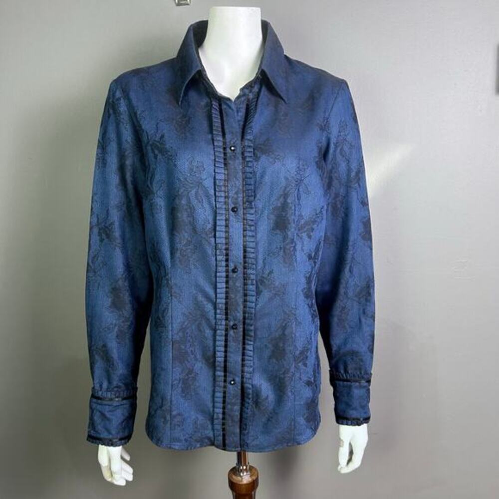 Robert Graham shirt women’s medium button up tuxedo lace blue tailored goth vamp